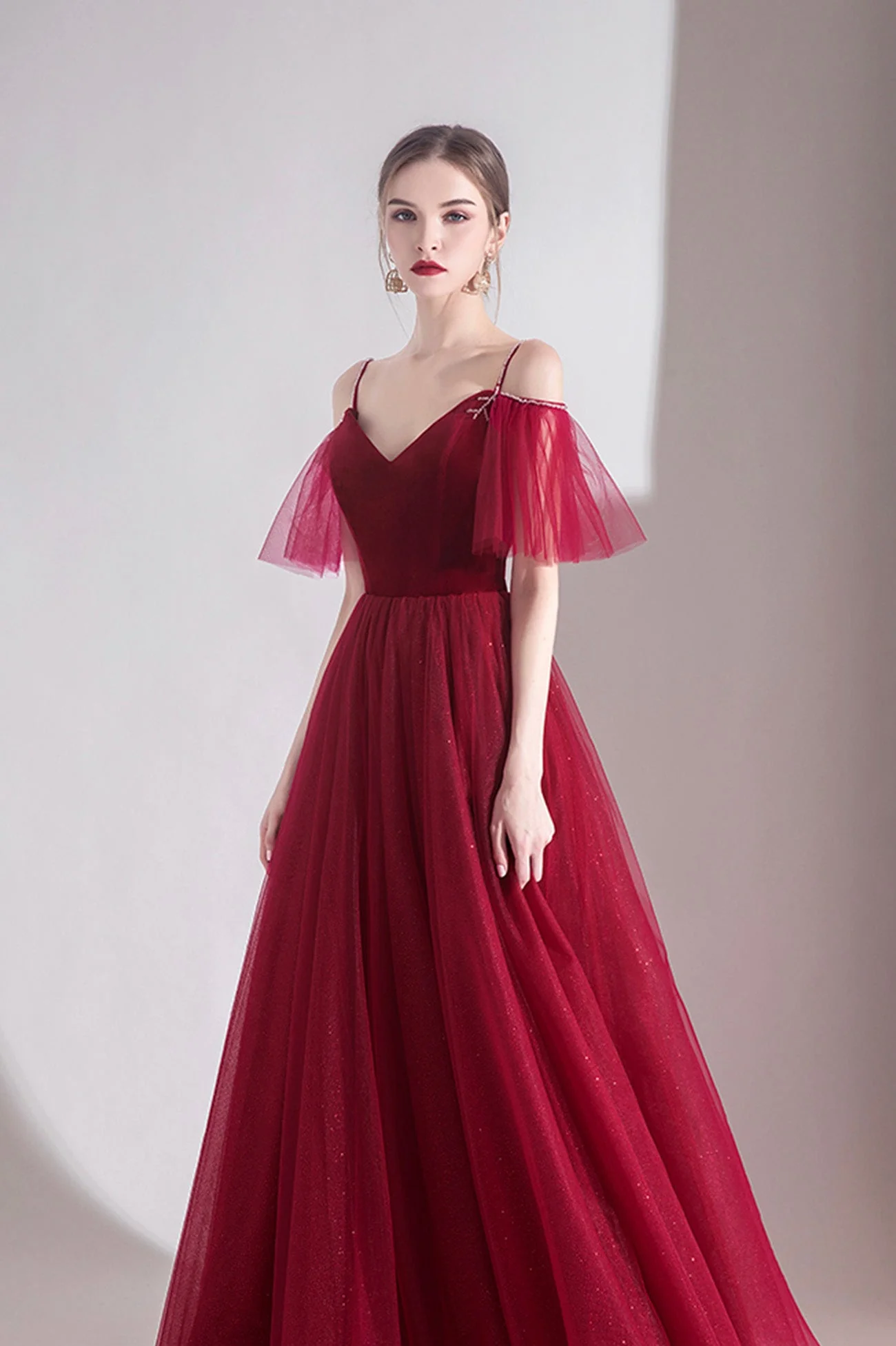 solvbao Burgundy Velvet Tulle Long A-Line Prom Dresses, Simple Evening Dresses - Deanwangkt