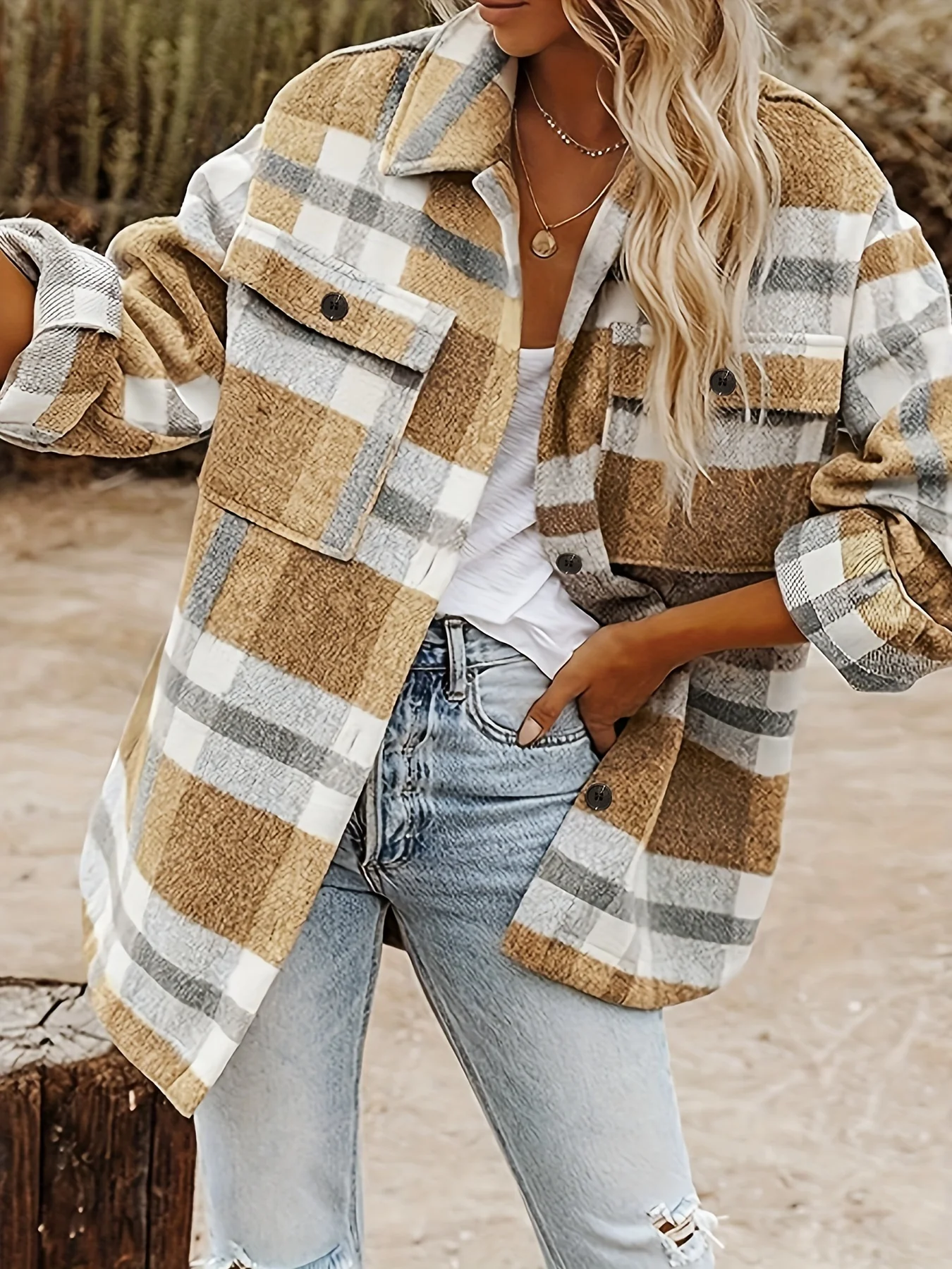 Stylish Plaid Button Down Long Sleeve Jacket, Loose Lapel Plaid Jacket, Women's Clothing - Deanwangkt