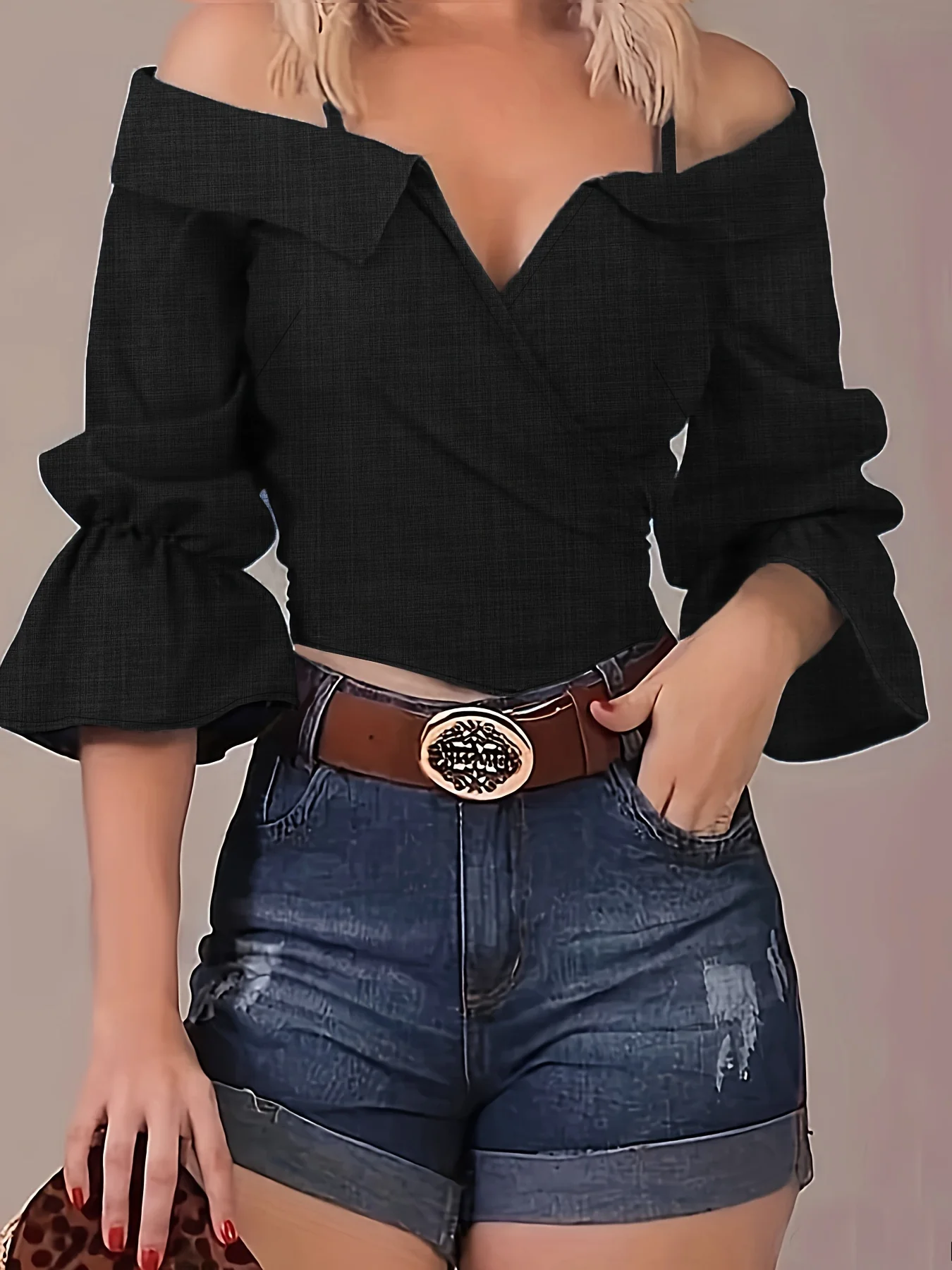 deanwangkt Solid Spaghetti Strap Blouse, Casual Bell Sleeve Surplice Neck Blouse, Women's Clothing - Deanwangkt