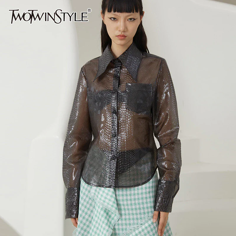 deanwangkt Patchwork Casual Loose Solid Blouse Female Lapel Long Sleeve PU Shirts For Women Autumn Style  New Clothes - Deanwangkt