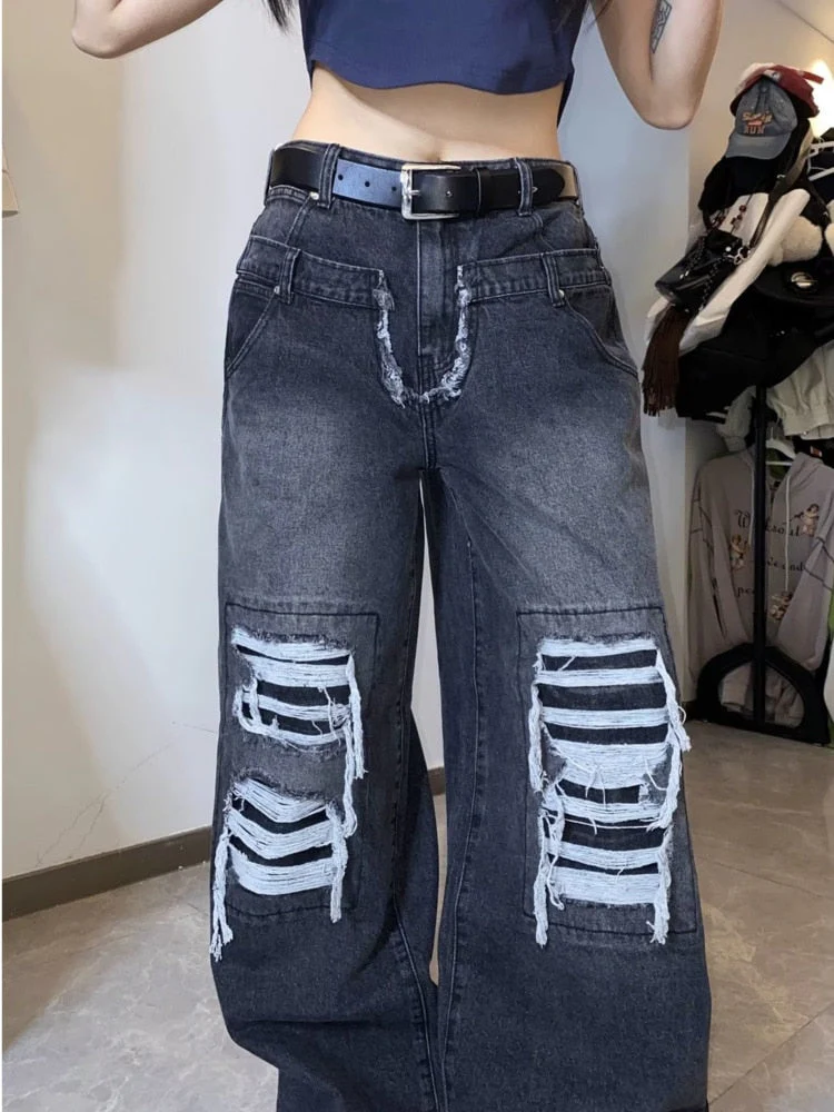 deanwangkt High Street Niche Design Wide Leg Washed Jeans For Men And Women, Straight Tube Loose Fitting Retro Pants, Trendy Women's Jeans - Deanwangkt