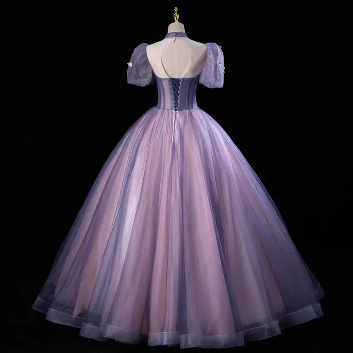 Solvbao Purple and Pink Tulle High Neckline Long Party Dress, Ball Gown Tulle Sweet 16 Dress - Deanwangkt