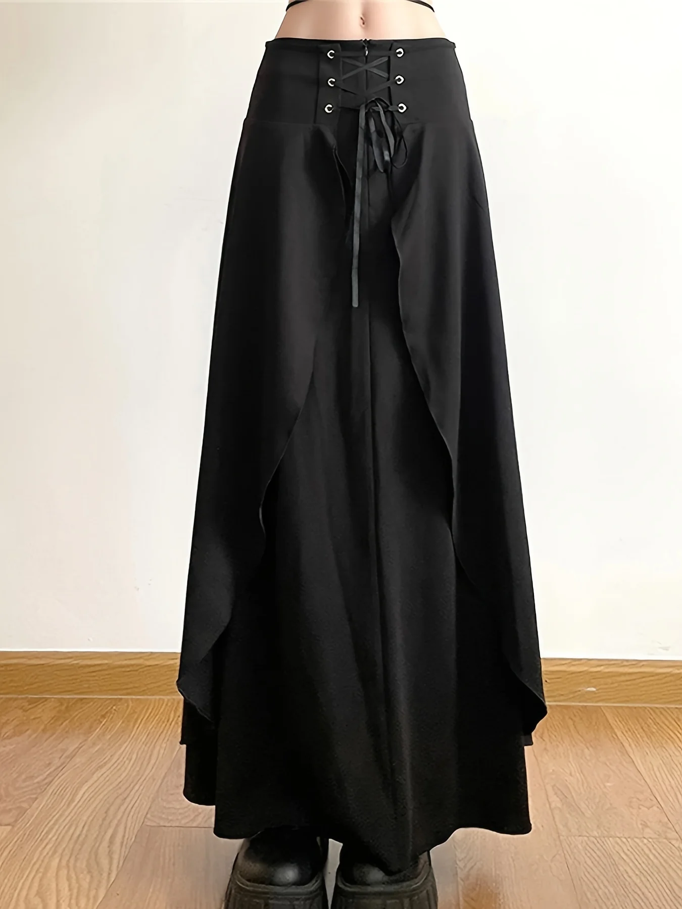 deanwangkt Lace Up Layered Skirt, Elegant Maxi Length Solid Color A-line Skirt, Women's Clothing - Deanwangkt