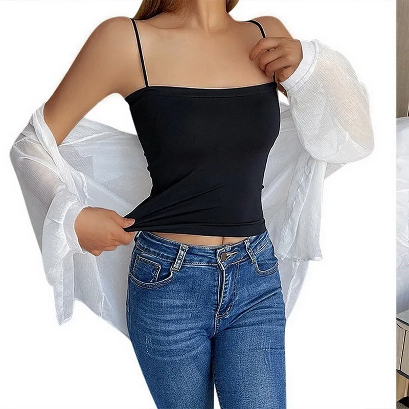 deanwangkt Sexy Crop Top Women Spaghetti Strap Tank Tops Summer Sleeveless Cami Tube Top Basic Solid Camisole Cotton Bustier Soft Bra Vest - Deanwangkt