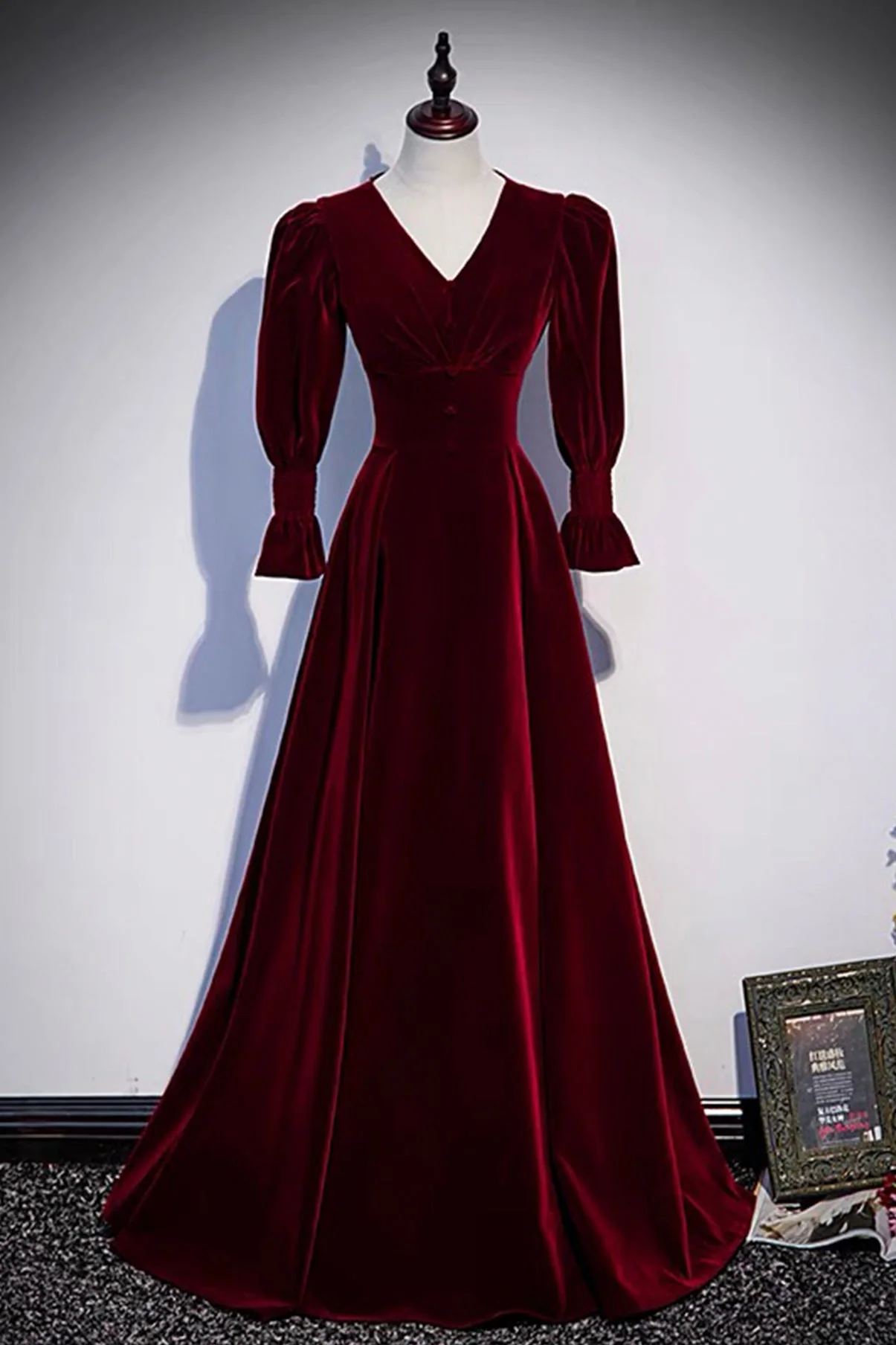 solvbao Burgundy Velvet Long Prom Dresses, A-Line Long Sleeve Evening Dresses - Deanwangkt