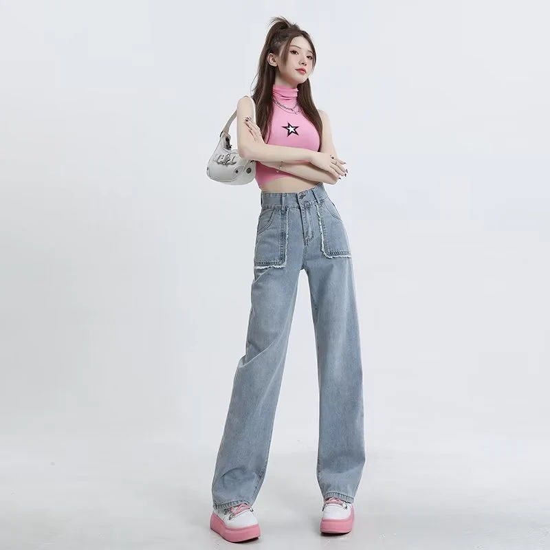 deanwangkt High End Denim Women's Summer Raw Edge Stitching Design For Lifting Buttocks And Slimming Straight Wash Pants - Deanwangkt