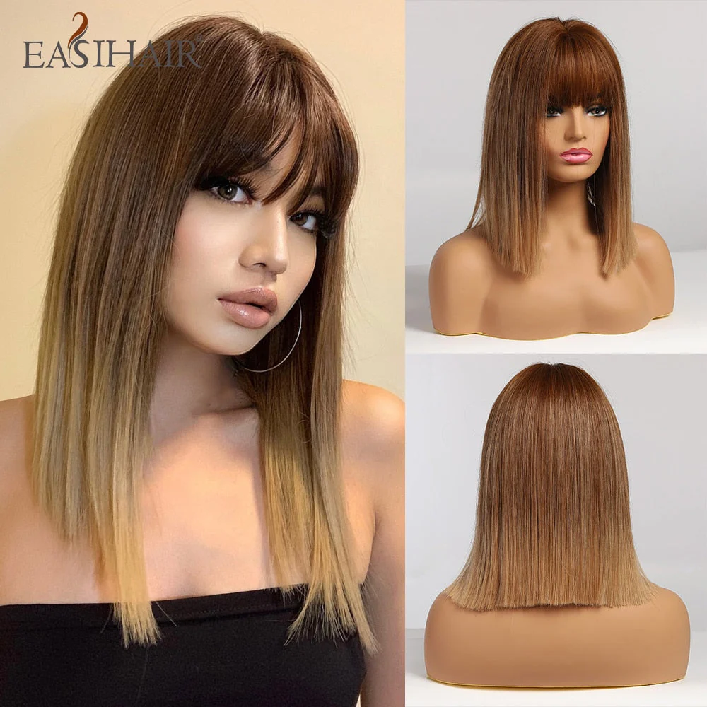 deanwangkt  Short Straight Bob Wigs With Bang Golden Brown Natural Synthetic Hair For Women Daily Cosplay Heat Resistant Fiber Wigs - Deanwangkt