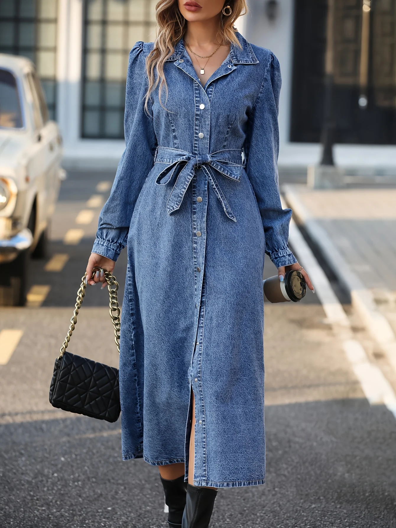 deanwangkt Blue Long Sleeves Denim Dress, Single Breasted Button With Waistband Lapel Denim Dress, Women's Denim Clothing - Deanwangkt