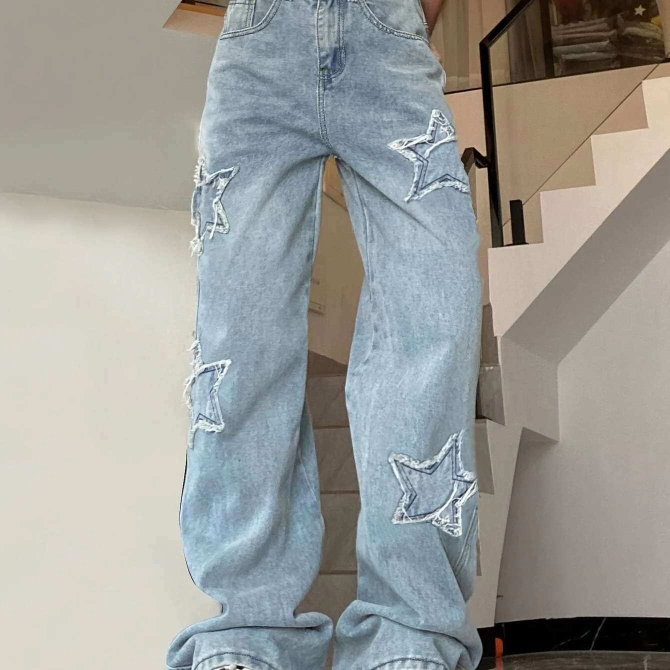 Blue Star Shape Patchwork Straight Jeans, Loose Fit Slant Pockets Non-Stretch Denim Pants, Women's Denim Jeans & Clothing - Deanwangkt