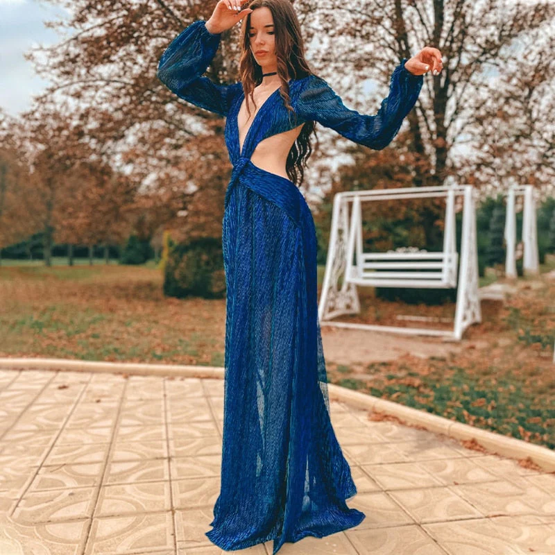 deanwangkt Sexy V-Neck Backless Hollow Out Dress  Summer Women Lantern Sleeve Club Party Long Maxi Dresses Tunic Beach Cover Up - Deanwangkt