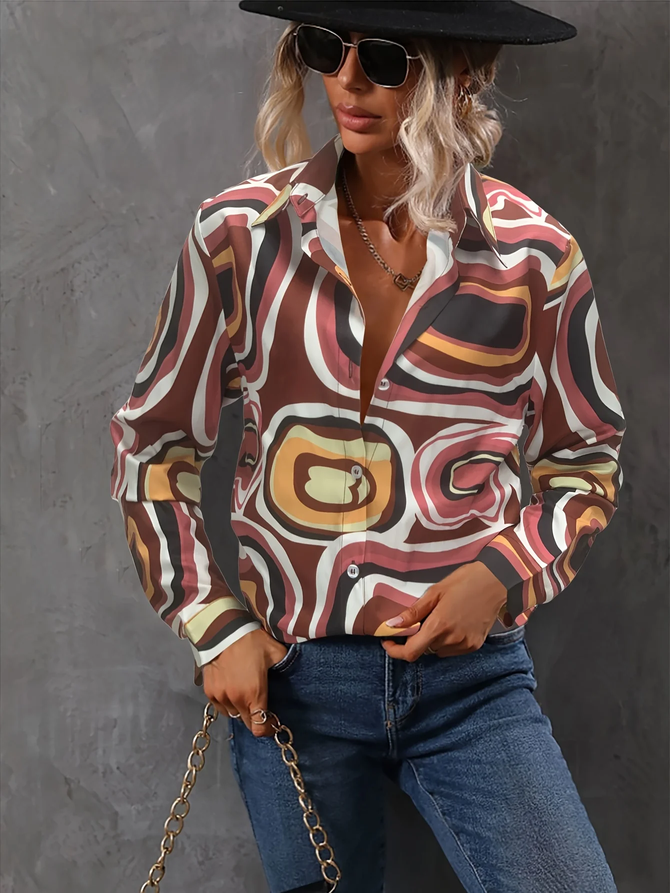 Abstract Print Shirt, Casual Button Front Long Sleeve Shirt, Women's Clothing - Deanwangkt