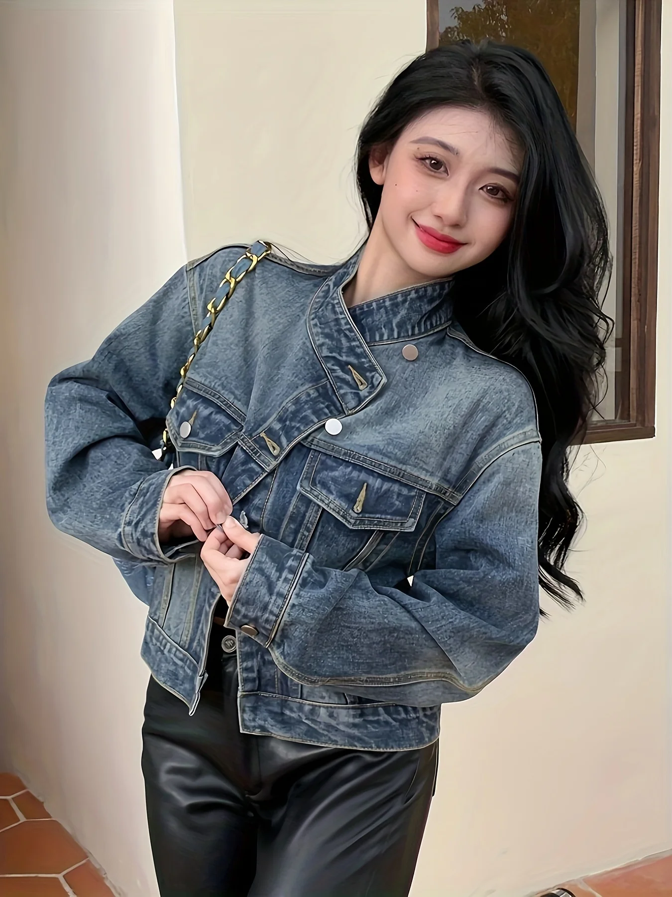 Long Sleeves Lapel Denim Coat, Flap Pockets Single Breasted Button Versatile Denim Jacket, Women's Denim Clothing - Deanwangkt