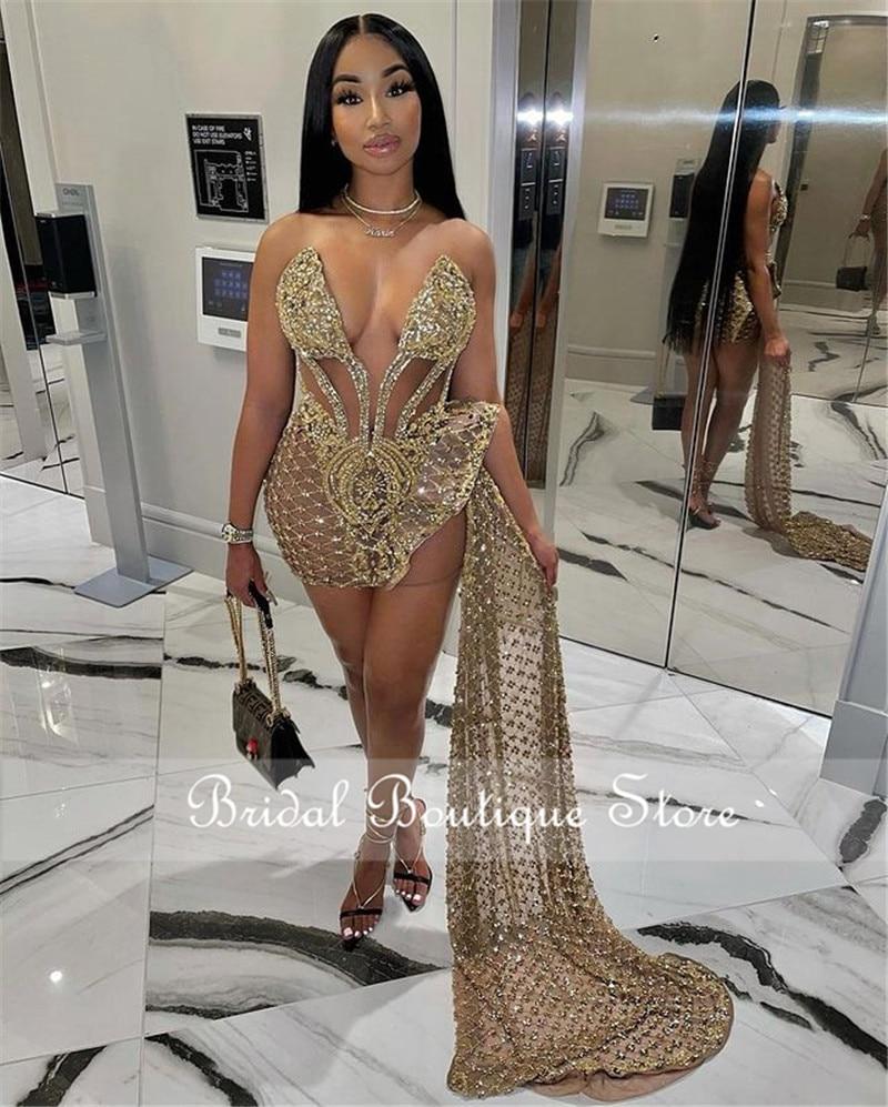 DEANWANGKT New Fashion Sweetheart See Through Gold Sequin Beading Sparkly African Black Girls Short Prom Dresses - Deanwangkt
