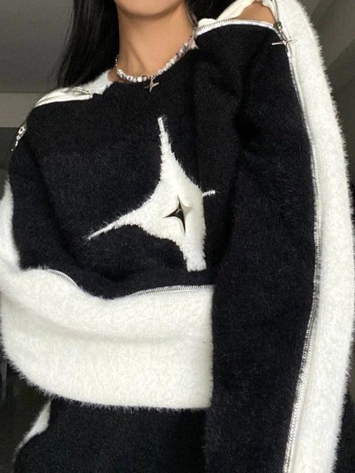 deanwangkt - Star Decor Zipper Cutout Loose Sweater - Deanwangkt