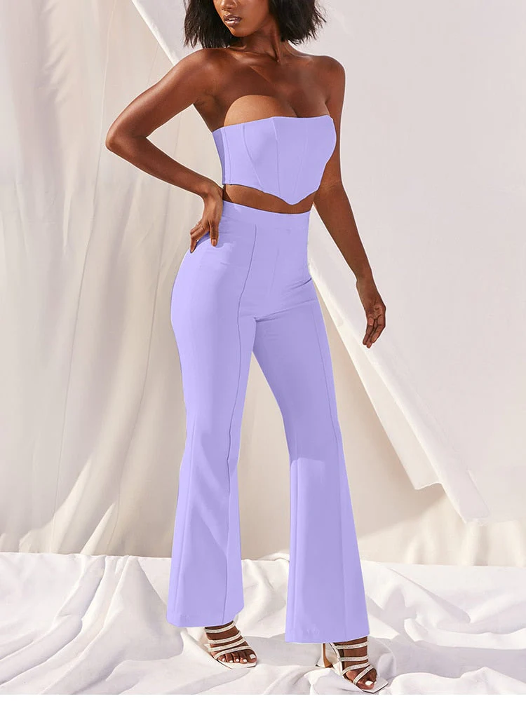 deanwangkt  Boned Corset Crop Top Two Piece Pants Set Women Strapless High Waist Flare Trousers 2 Piece Set Summer Long Suit Tracksuit - Deanwangkt