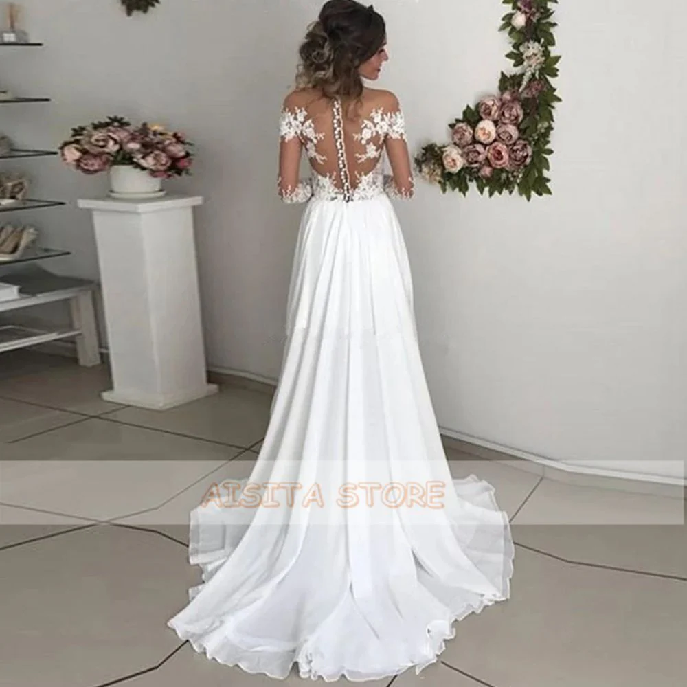 Lace Appliques Wedding Dresses  Off the Shoulder A-Line High Side Slit Long Sleeve Chiffon Court Train Beach Bridal Gowns - Deanwangkt