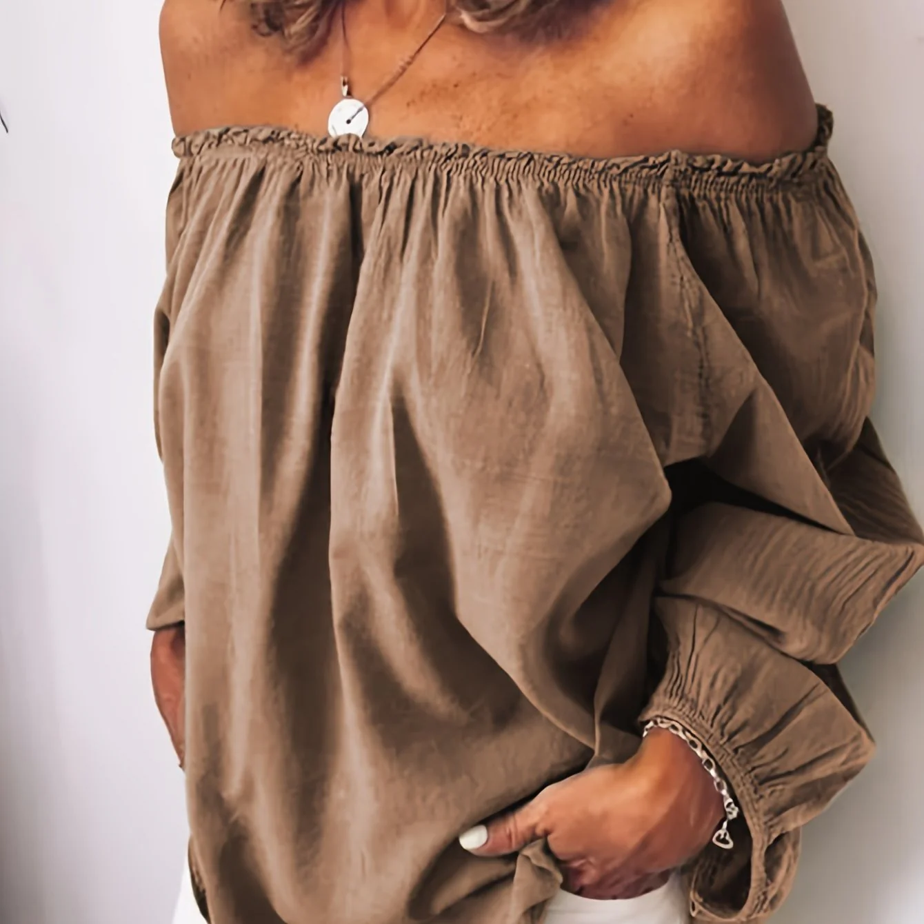 Solid Ruffle Trim Blouse, Casual Loose Long Sleeve Blouse For Spring & Fall, Women's Clothing - Deanwangkt