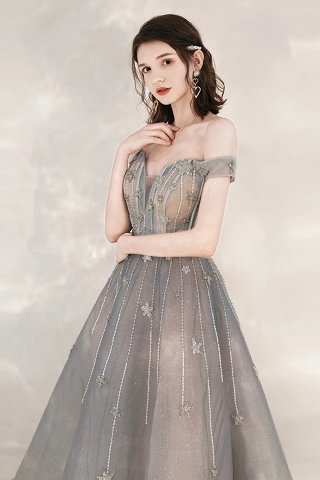 solvbao Cute Tulle Sequins Long Prom Dresses, Off the Shoulder Evening Dresses - Deanwangkt