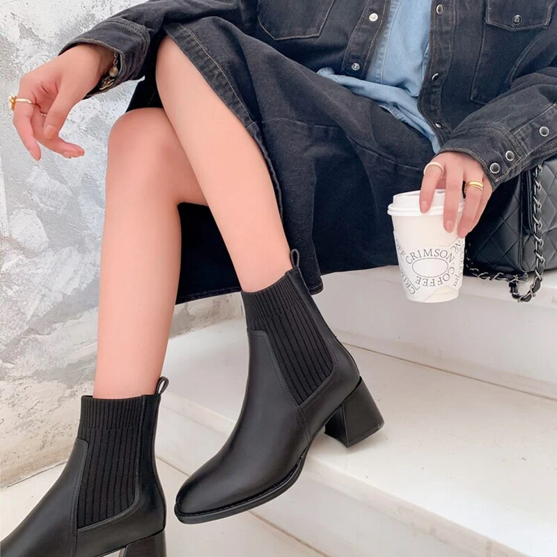 deanwangkt  fashion inspo   NEW Ankle Boots for Women Split Leather Square Toe Chunky Heel Shoes Winter Modern Boots Concise Vintage Knitting Ankle Boots - Deanwangkt