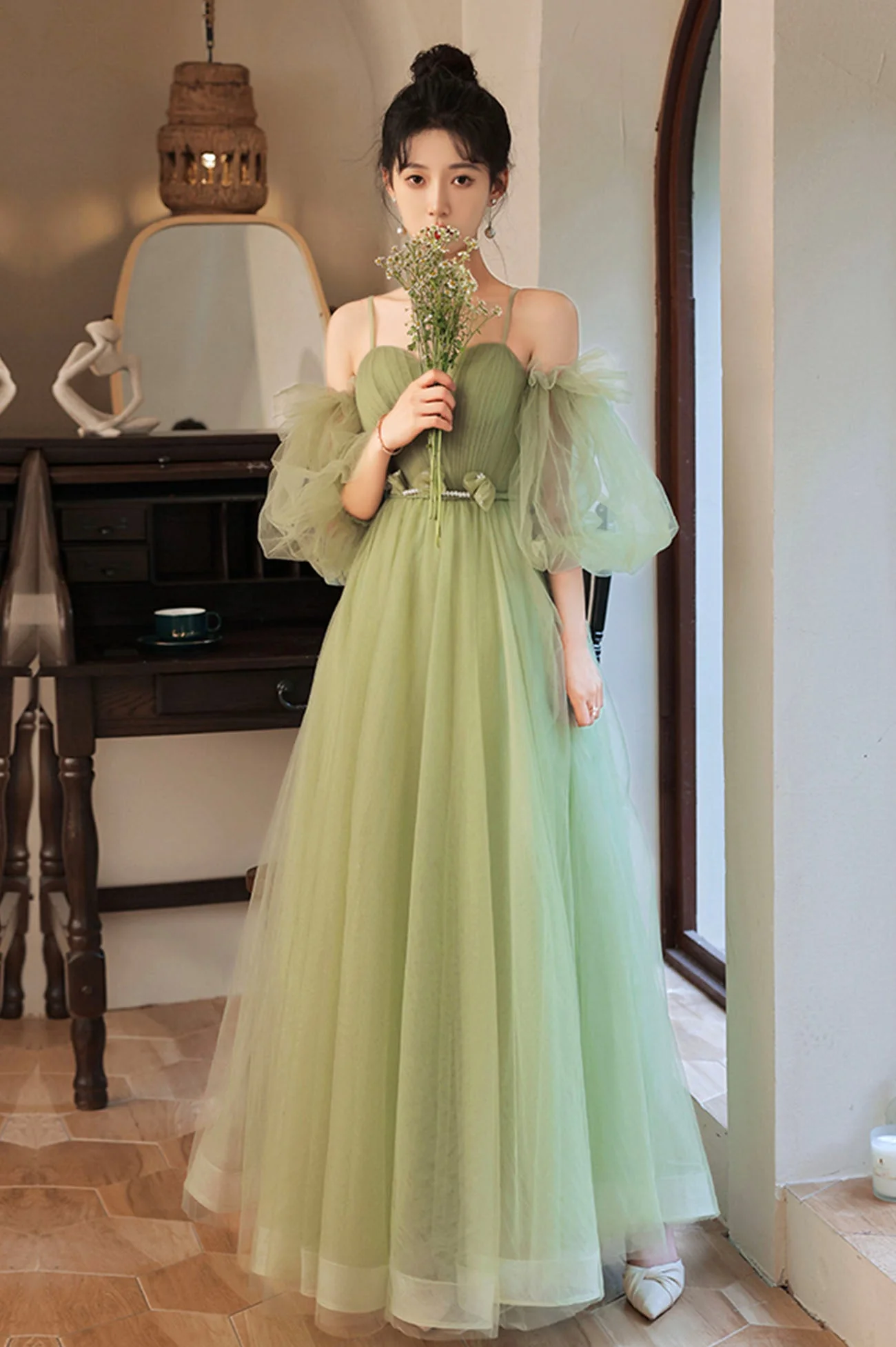 solvbao Lovely Green Tulle Long Party Dress, A-Line Evening Party Dress - Deanwangkt