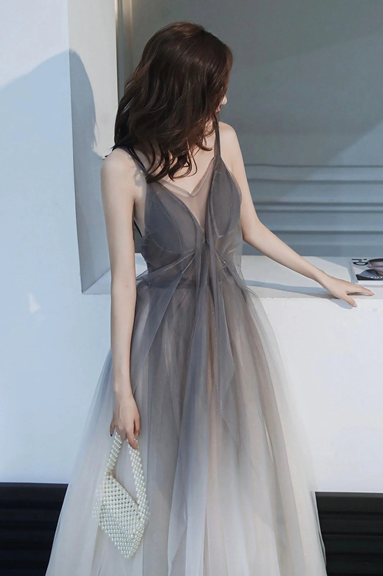 solvbao Gray Tulle Long Prom Dress, A-Line Backless Evening Dress - Deanwangkt