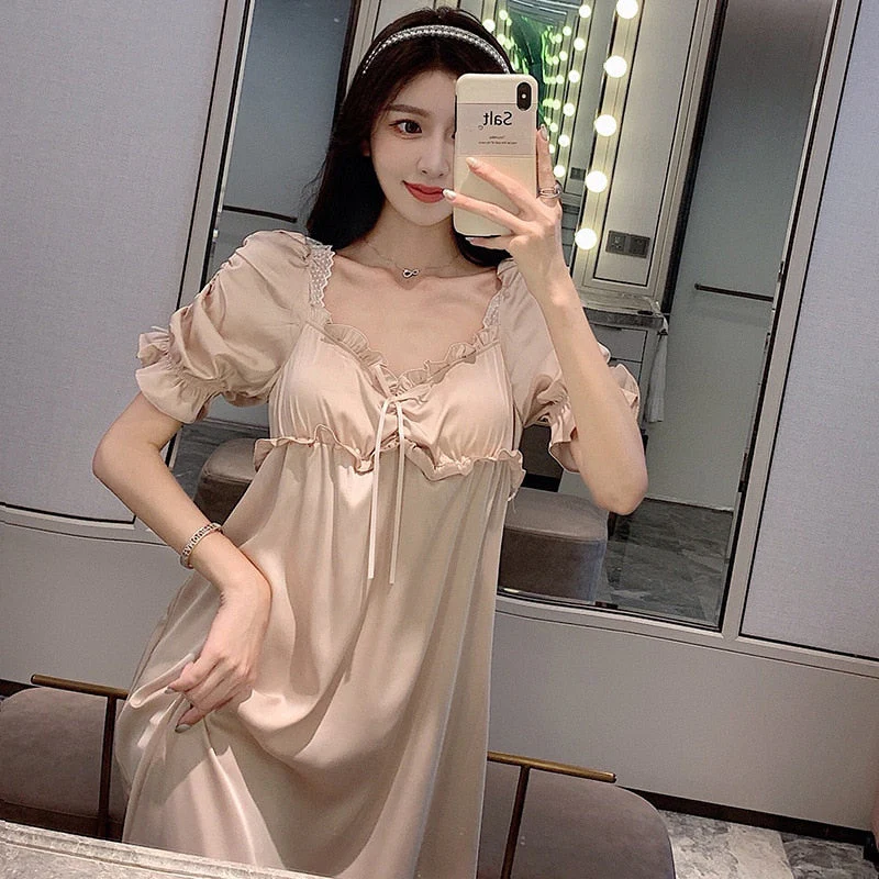 Female Nightgown Elegant Palace Style Princess Long Nightgown Sleepwear Summer Short Sleeve Sleepshirt Satin Silk Home Dress - Deanwangkt