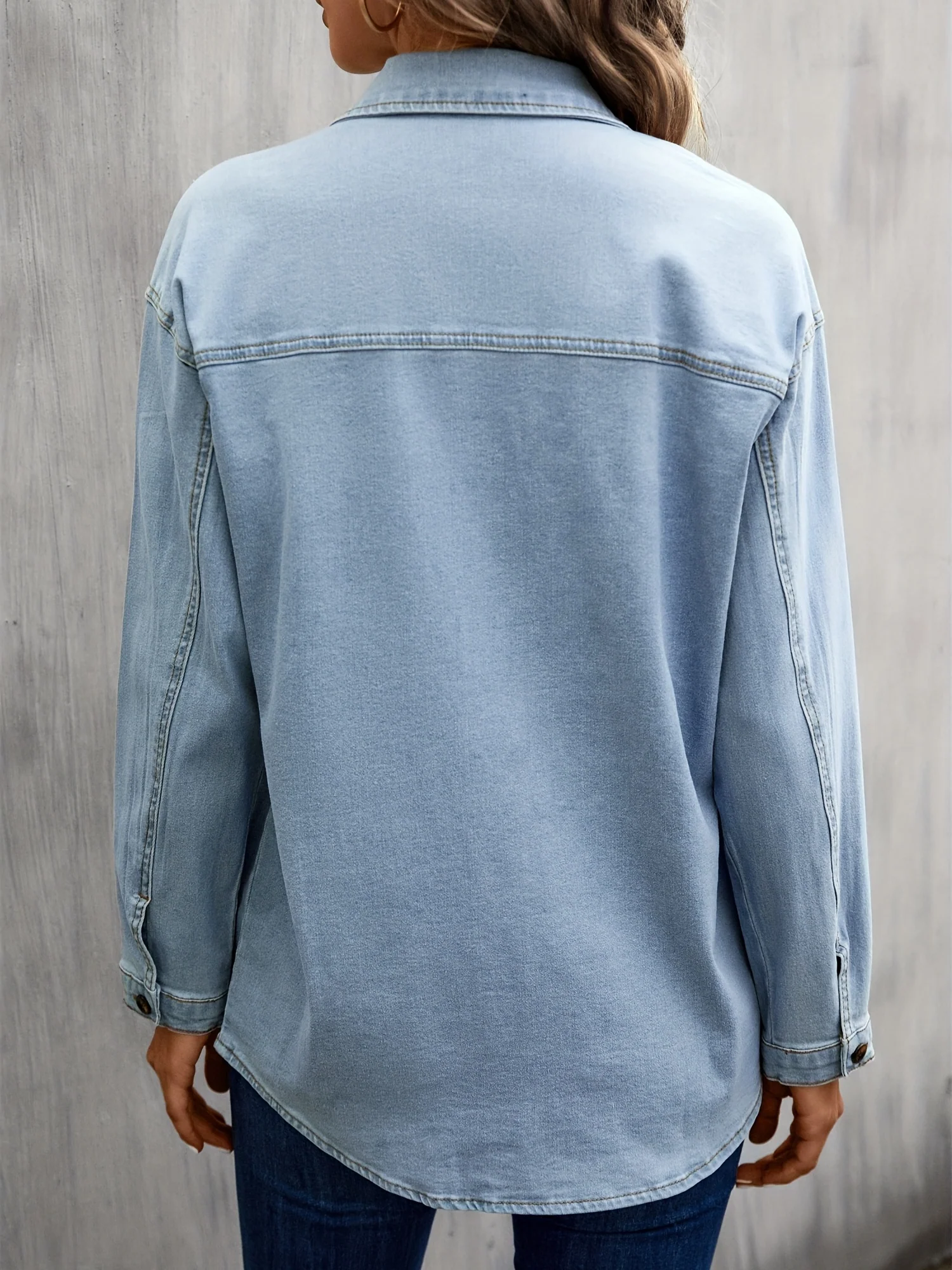 Blue Long Sleeves Denim Jackets, Flap Pockets Single-Breasted Button Lapel Denim Coats, Women's Denim Clothing - Deanwangkt