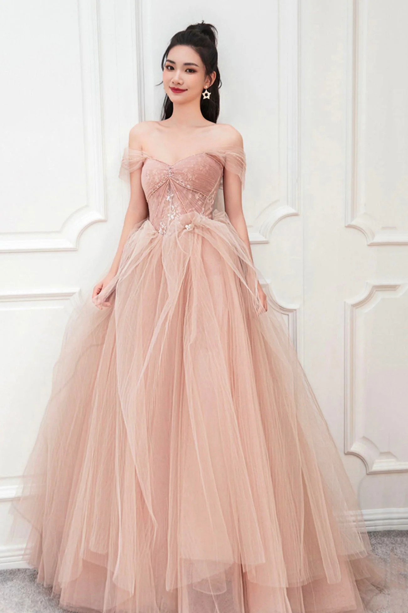 solvbao Beautiful Pink Off the Shoulder Lace Party Dresses, Pink Junior Prom Dresses - Deanwangkt