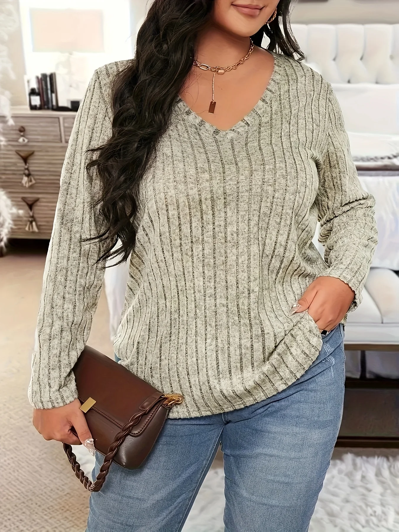 Plus Size Casual T-shirt, Women's Plus Ribbed Solid Long Sleeve V Neck Slight Stretch Top - Deanwangkt