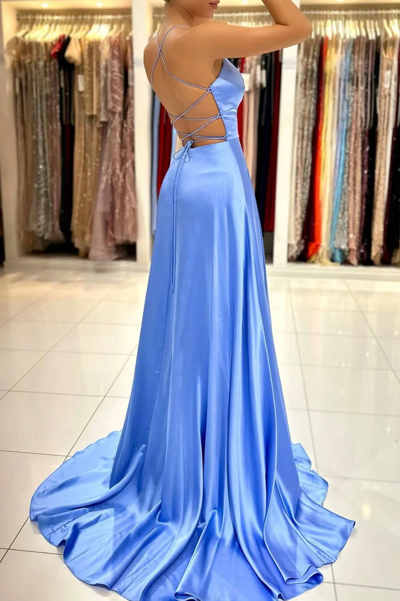 solvbao Simple V-Neck Satin Long Prom Dress, A-Line Evening Dress with Slit - Deanwangkt