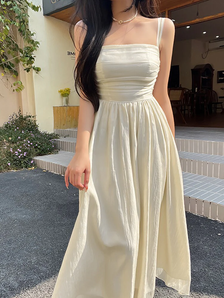 Joskka Pleated Corset Cami Midi Aesthetic Dresses Folds Bodycon Women Sleeveless High Waist Folds Elegant Vacation Pretty Hoco Dresses - Deanwangkt