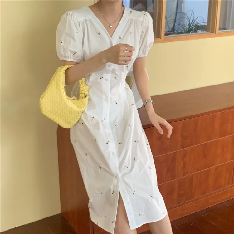 Joskka  New Women Summer Dresses Casual Embroidery Floral Puff Sleeve Buttons High Waist Vintage Back Hollow Out Long Dress - Deanwangkt