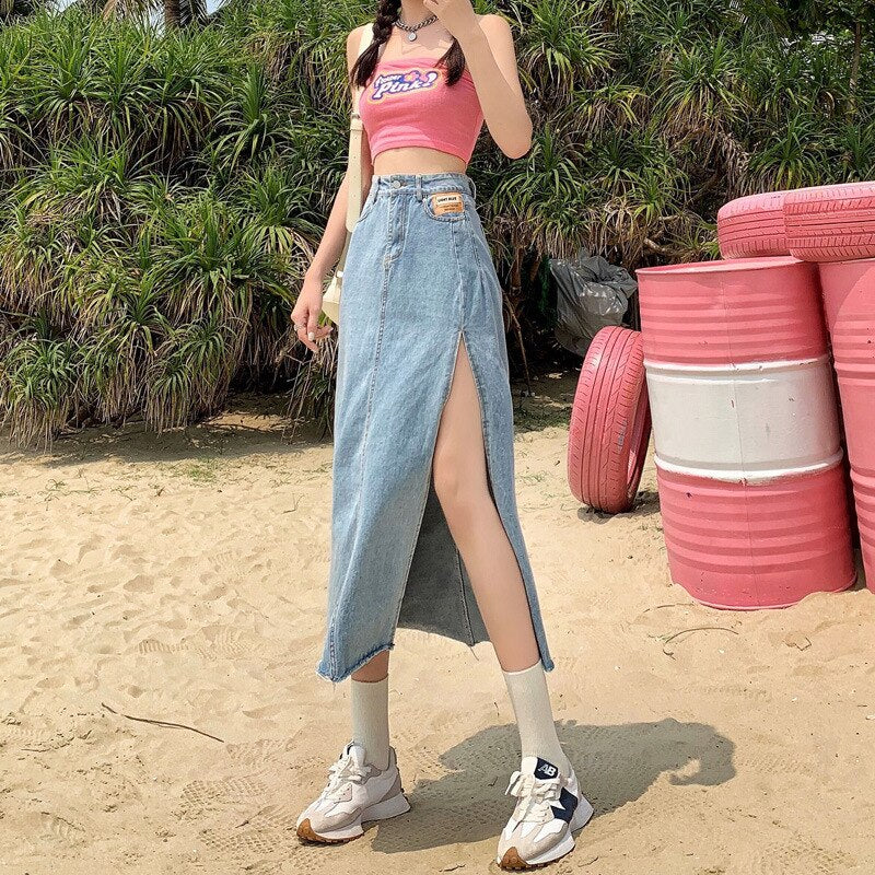 deanwangkt Hem Single Slits Zipper A-Line High Waist Side Slit Denim Casual Long Skirt Female Summer  New Thin Girl Bag Hip Ins Tide - Deanwangkt
