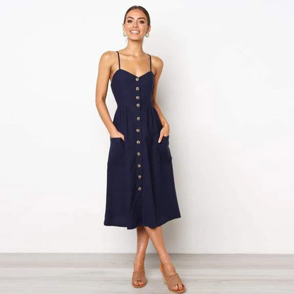 deanwangkt Summer Midi Dress Women's Sexy Sling Backless Sleeveless Button Striped Dot Print Solid Beach Dress With Pockets Female Sundress - Deanwangkt
