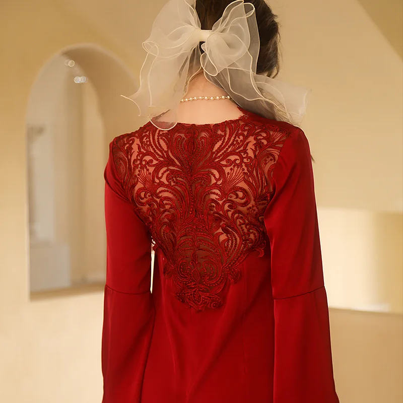 deanwangkt Long Tailing Nightgown Women Wedding Robe Elegant Lace Embroider Sleepwear Bride Banquet Dressing Gown Flare Sleeve Kimono - Deanwangkt