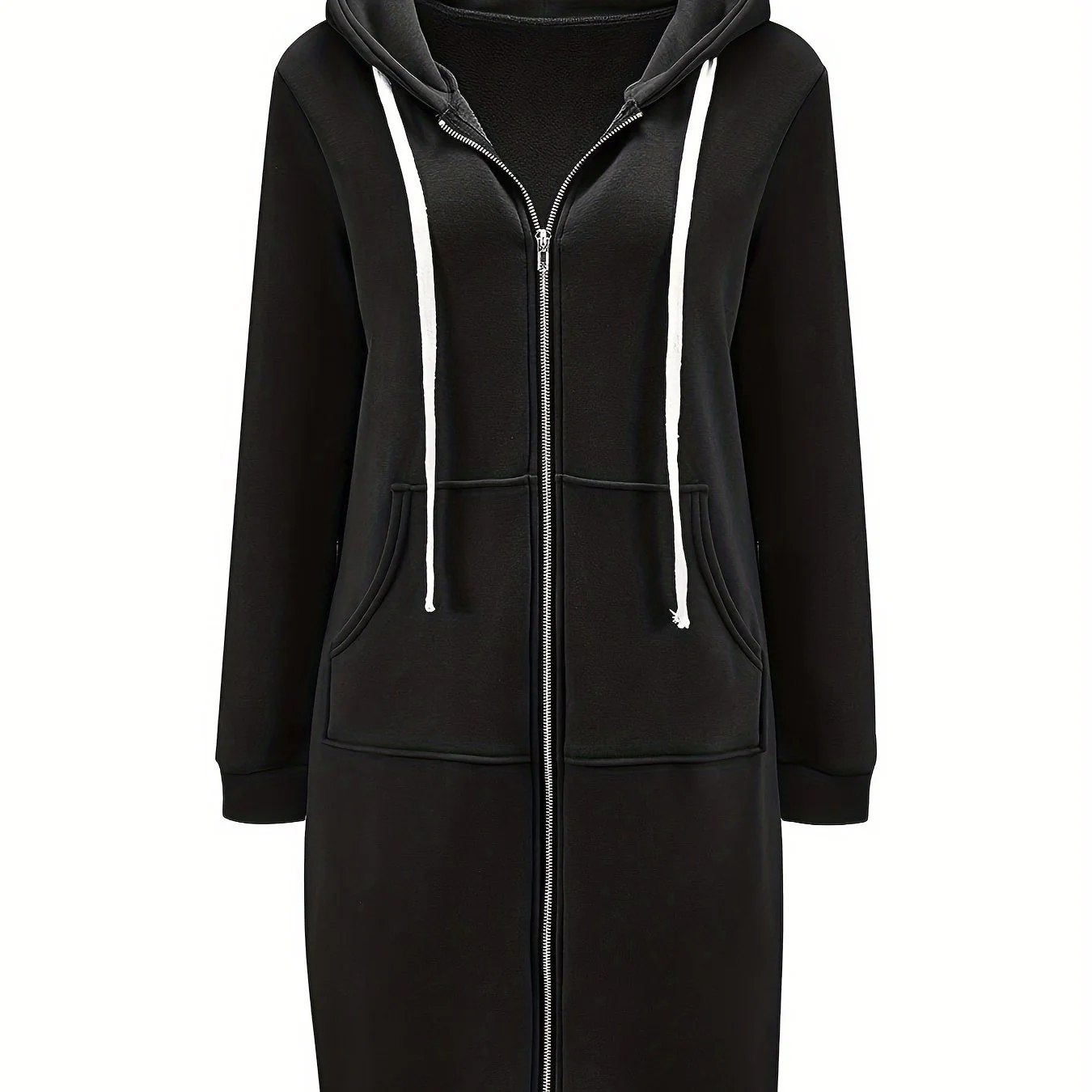 deanwangkt-1  Solid Zip Up Knee Length Hoodie, Casual Long Sleeve Slant Pockets Drawstring Hoodies Outerwear, Women's Clothing - Deanwangkt