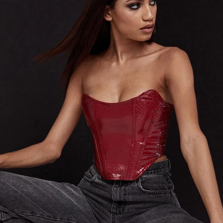 deanwangkt Strapless Crocodile Pattern Croset Cropped Camisole Slim Backless Sleeveless Sexy Women Tops Fashion Night Club Party Crop Top - Deanwangkt