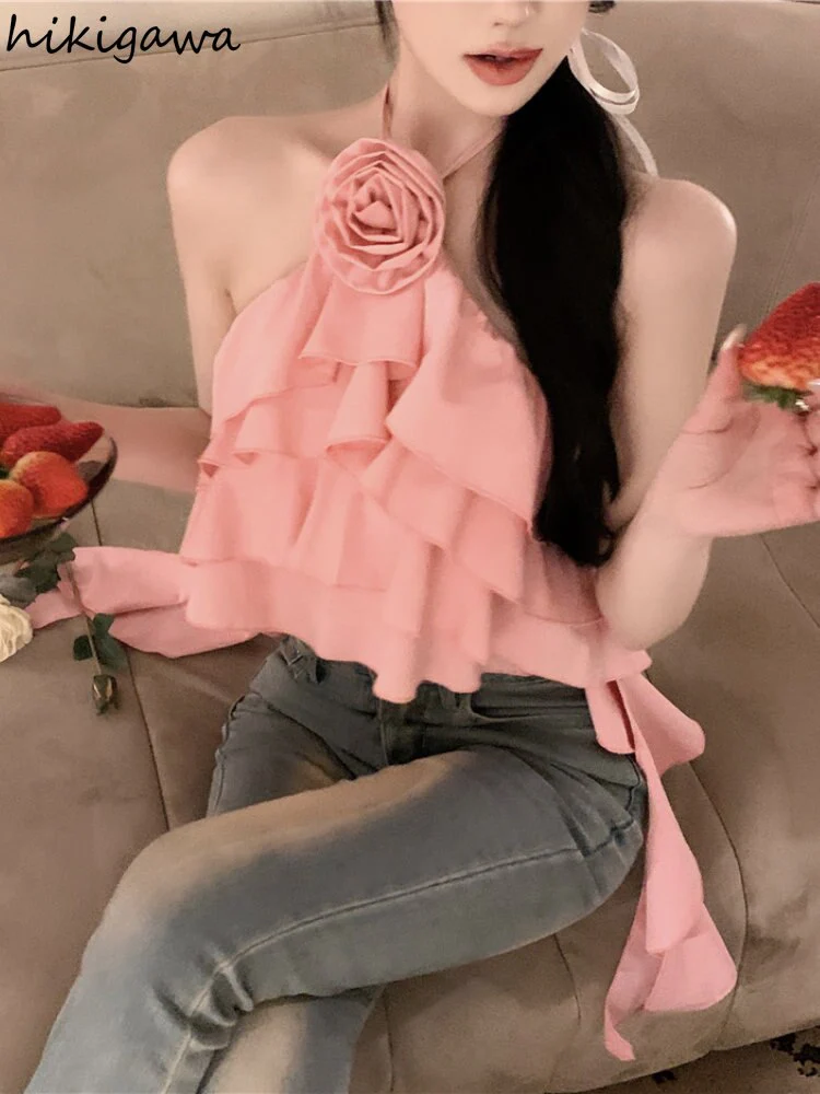 deanwangkt Crop Tops  Womens Blouses Fashion Clothing Ruffles Bandage Shirts Backless Slim Y2k Top Floral Summer Camis Ropa Mujer - Deanwangkt