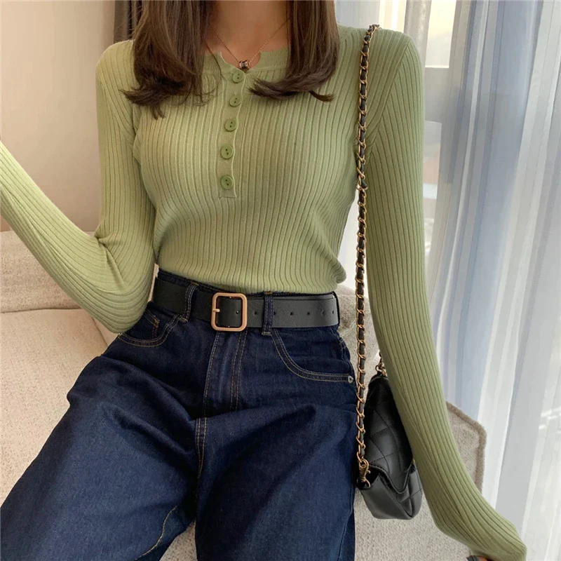 deanwangkt Knitted Women Sweater Button O-neck Pullovers Spring Autumn Basic Sweaters for Female Pullover Slim Solid Bold Stripes Tops - Deanwangkt