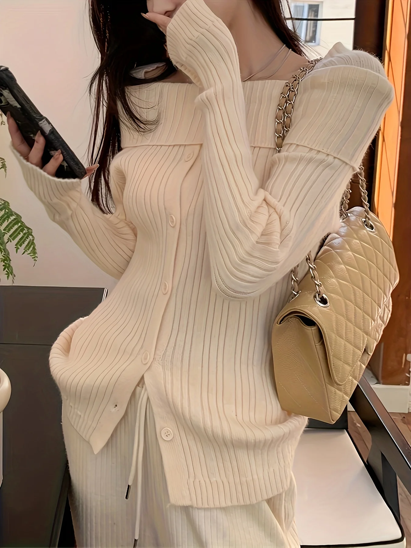 deanwangkt  Solid Off Shoulder Rib Knit Sweater, Elegant Button Front Long Sleeve Slim Sweater, Women's Clothing - Deanwangkt