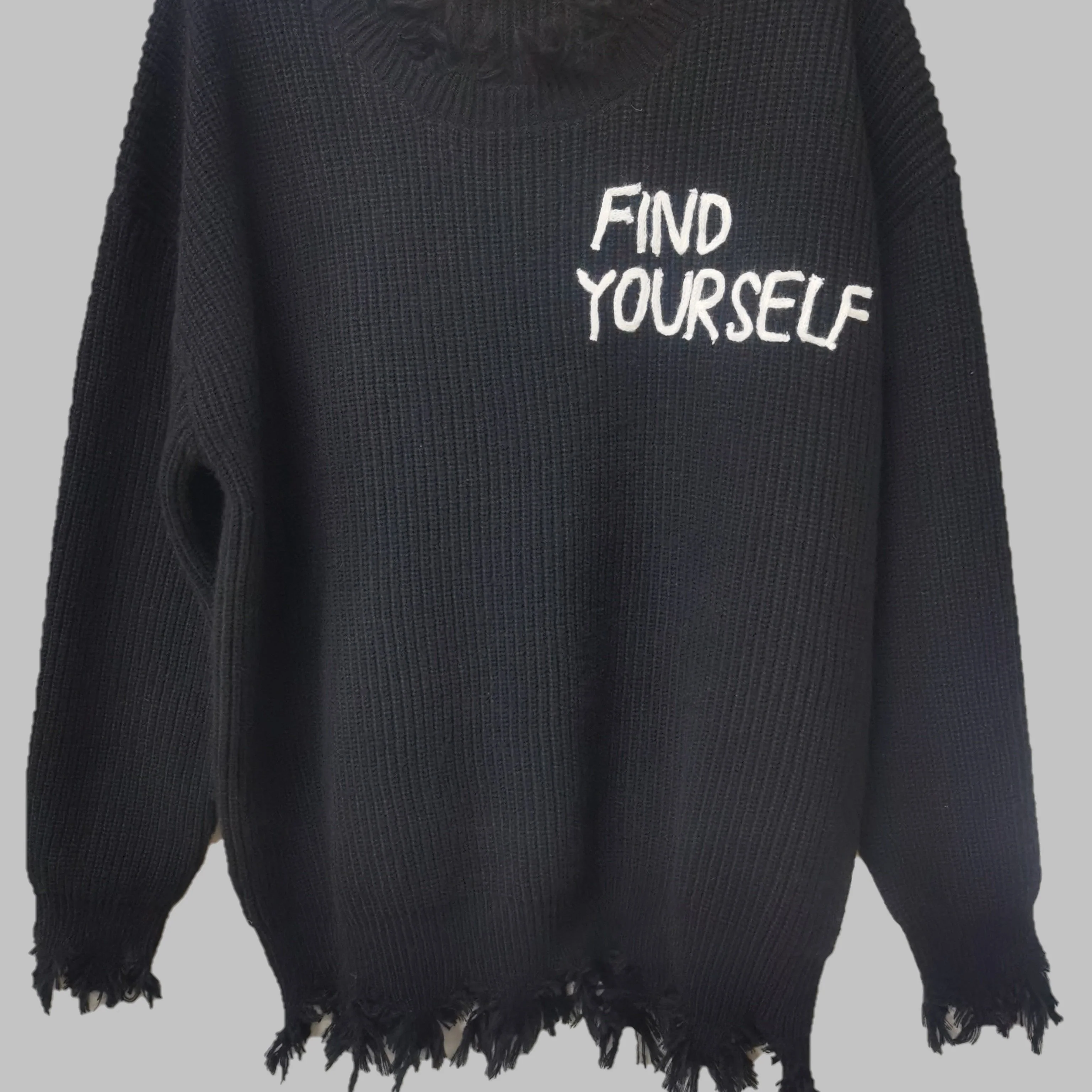 deanwangkt-1  Plus Size Mens Casual Raw Hemline Oversized Crew Neck Knit Sweater Pullover With Letter Embroidery Trend Long Sleeve Warm Sweaters For Fall Winter - Deanwangkt