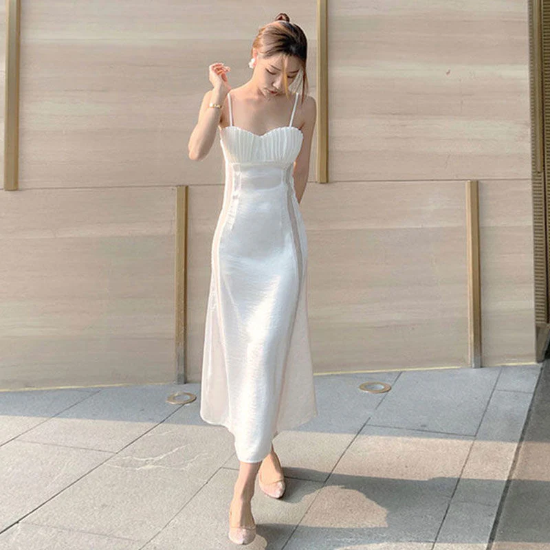Joskka Summer Strap Dress Women Elegant Casual White Fairy Slim Patchwork Backless Dress Female Holiday Party Midi Dress  New - Deanwangkt