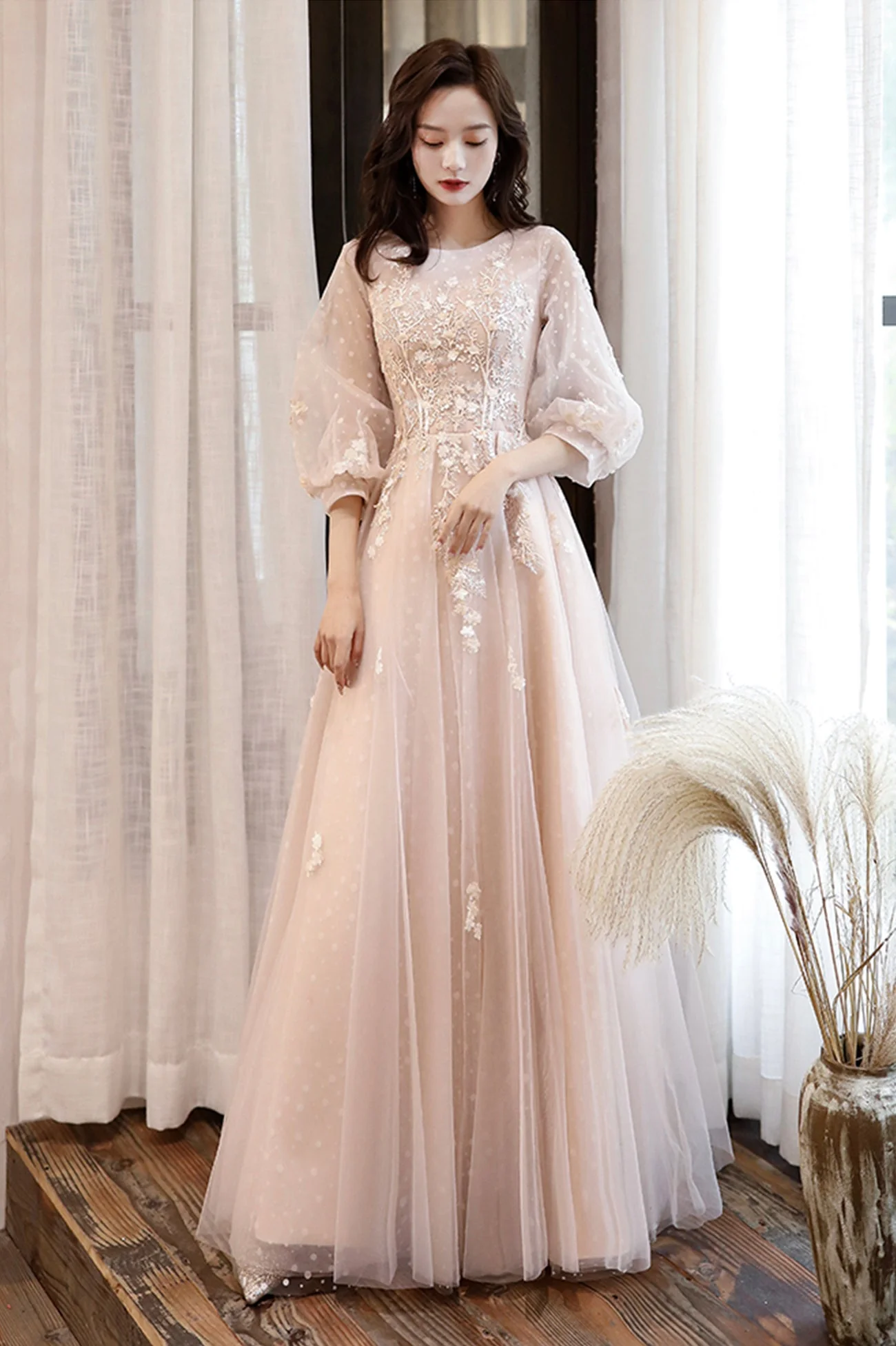 solvbao Pink Tulle Lace Long A-Line Prom Dresses, Long Sleeve Evening Dresses - Deanwangkt