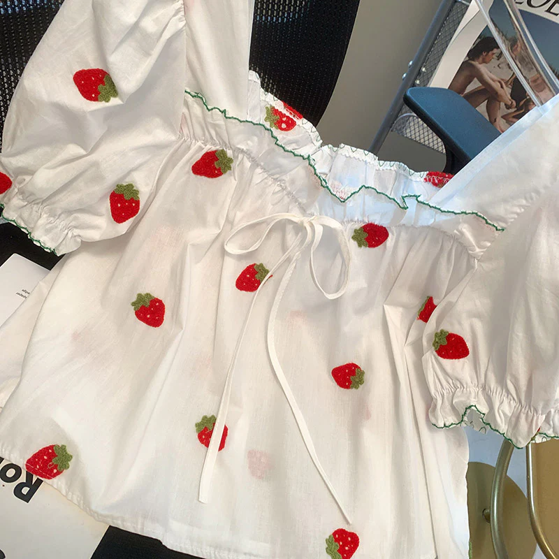 deanwangkt Shining Pink Strawberry Mesh Sexy V Neck Blouses Woman New Summer Puff Sleeve Blusa Shirts Casual Sweet Tops Female - Deanwangkt