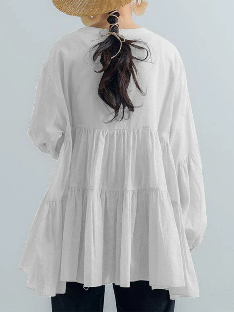 deanwangkt Puff Sleeve Solid Bohemian Retro Style Blouse - Deanwangkt