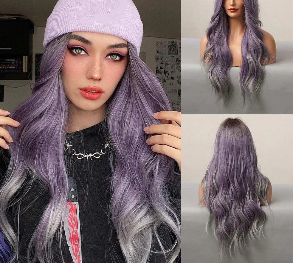 deanwangkt Ombre Brown Mixed Purple Blonde Long Synthetic Wave Wigs For Women Heat Resistant Colorful Fiber Cosplay Lolita Wigs - Deanwangkt