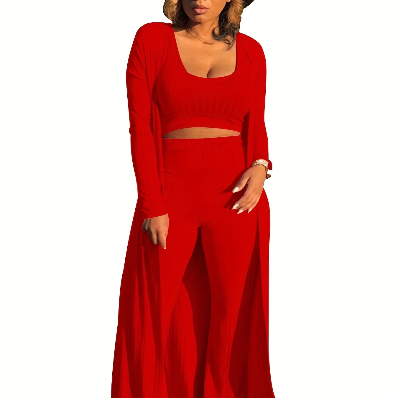 deanwangkt-1  Solid Rib Knit 3 Pieces Set, Open Front Long Length Cardigan & Bodycon Scoop Neck Tank Top & High Waist Draped Pants Outfits, Women's Clothing - Deanwangkt