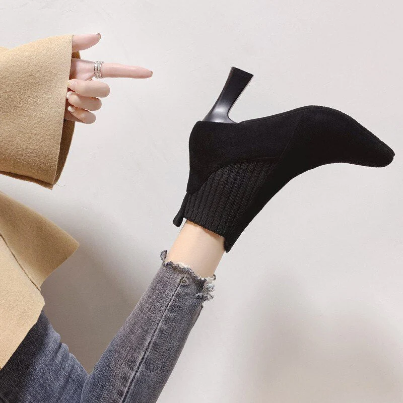 deanwangkt Autumn Winter Women Boots Elastic Ankle Boots Pointed Toe Thick Heel High Heels Shoes Woman Female Plus Fleece Warm Socks Boots - Deanwangkt