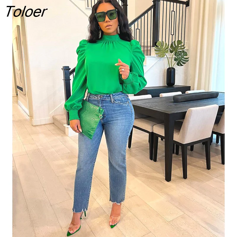 deanwangkt Solid Puff Sleeve Shirt Blouse Top Elegant Women Clothing Lace Up Long Sleeve OL Office Ladies Blouse Green Shirt - Deanwangkt