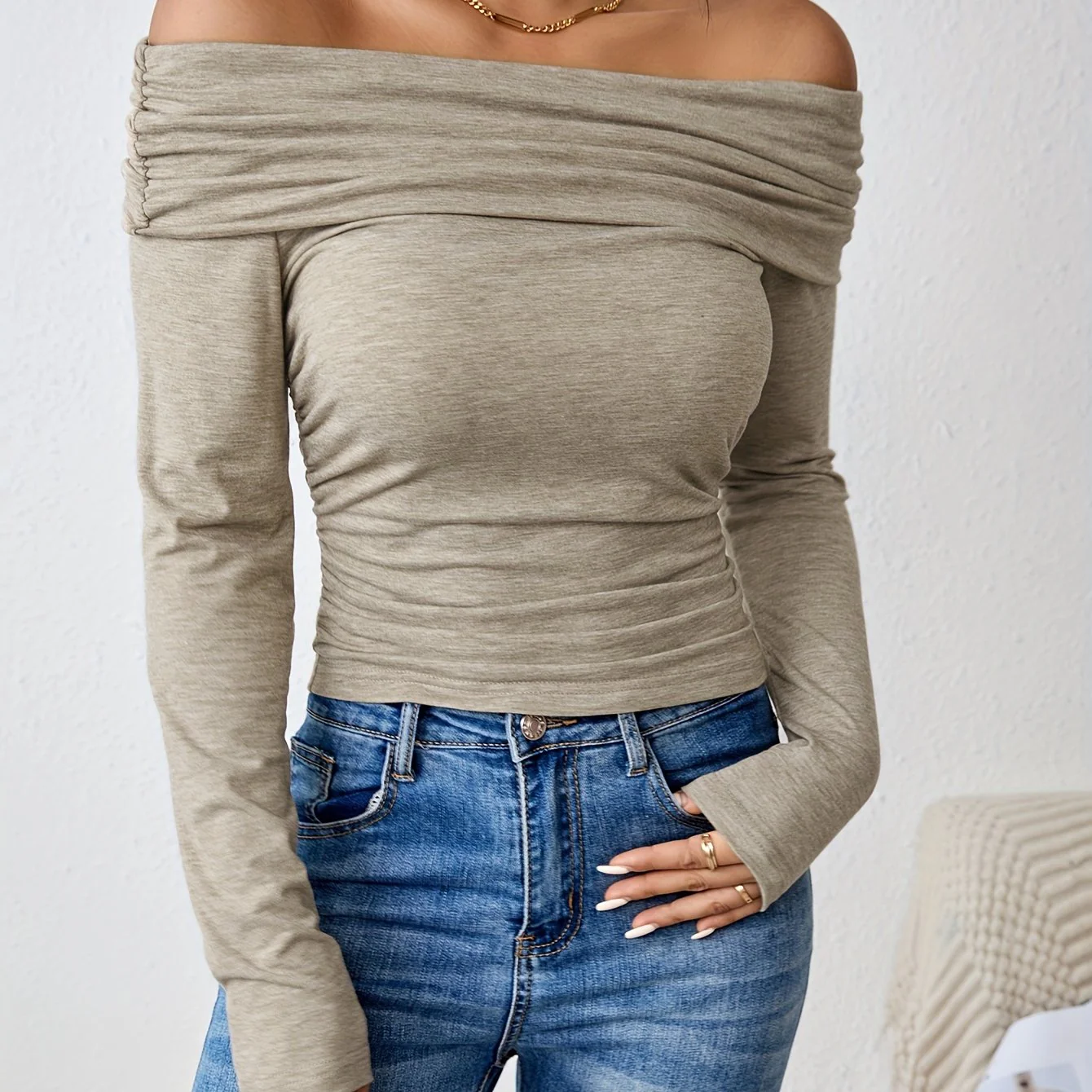 deanwangkt Off Shoulder Solid T-shirt, Elegant Slim Long Sleeve T-shirt, Women's Clothing - Deanwangkt